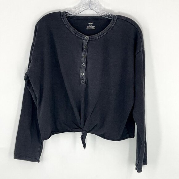 AERIE Henley Tee Shirt Women S Long‎ Sleeve Off Black Cropped Comfy Lounge - Picture 1 of 8